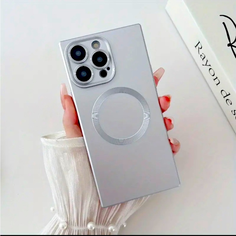 Sleek Magnetic Phone Case for iPhone 15 Plus Silver Metallic Look, TPU Material